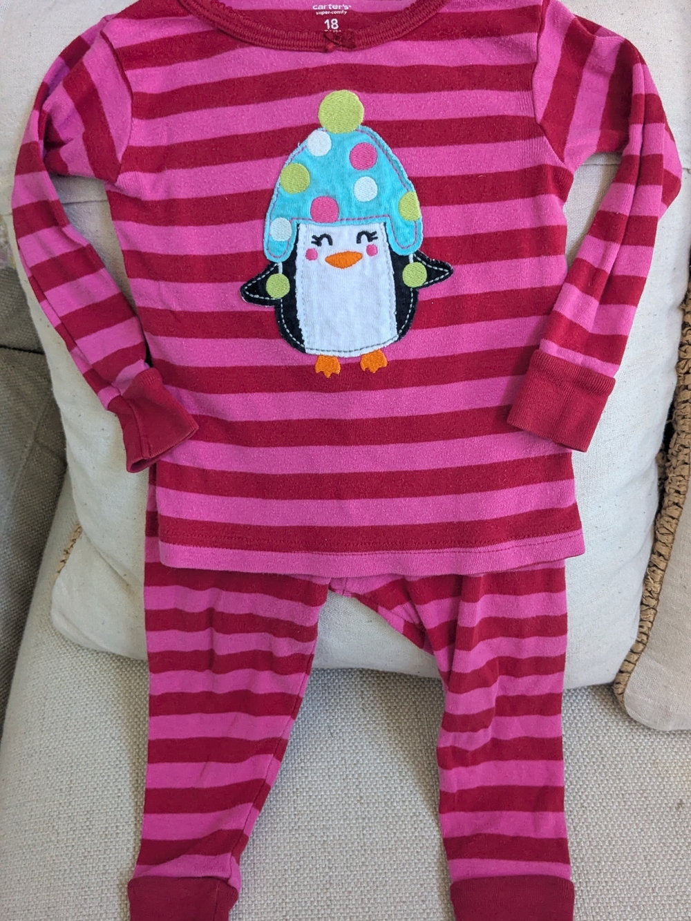 Carter's Pink and Dark Pink Striped Penguin Pajama Set